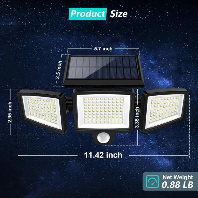 Alt view image 3 of 7 - Solar Outdoor Lights 2500LM 210 LED Security Lights with Remote Control 3 Heads Motion Sensor Lights IP65 Waterproof 270 Wide Angle Flood Wall Lights with 3 Modes(2 Packs)