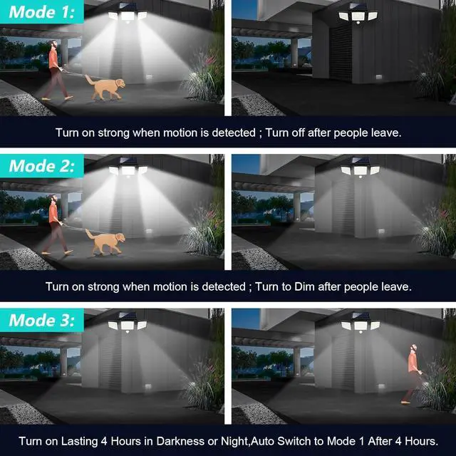 Alt view image 5 of 7 - Solar Outdoor Lights 2500LM 210 LED Security Lights with Remote Control 3 Heads Motion Sensor Lights IP65 Waterproof 270 Wide Angle Flood Wall Lights with 3 Modes(2 Packs)