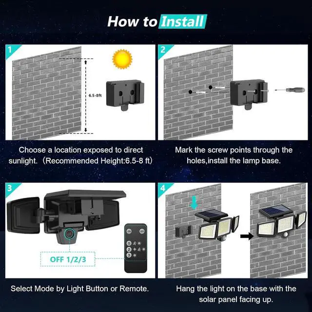 Alt view image 6 of 7 - Solar Outdoor Lights 2500LM 210 LED Security Lights with Remote Control 3 Heads Motion Sensor Lights IP65 Waterproof 270 Wide Angle Flood Wall Lights with 3 Modes(2 Packs)