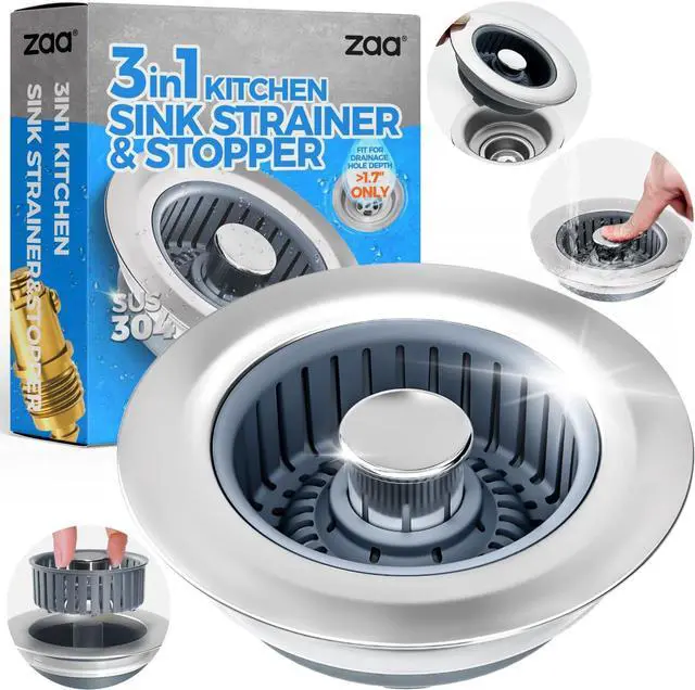 Main image of Upgraded 3in1 Kitchen Sink Drain Strainer & Sink Stopper Stainless Steel Kitchen Drain Plug & Sink Installation Parts with Anti-Clogging Basket Fit US Standard 3-1/2 Sink Drain Hole Silver