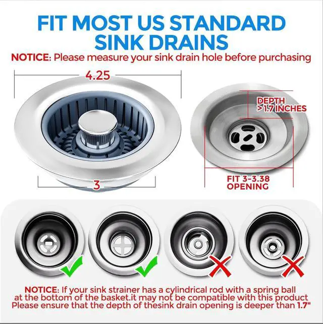 Alt view image 4 of 7 - Upgraded 3in1 Kitchen Sink Drain Strainer & Sink Stopper Stainless Steel Kitchen Drain Plug & Sink Installation Parts with Anti-Clogging Basket Fit US Standard 3-1/2 Sink Drain Hole Silver