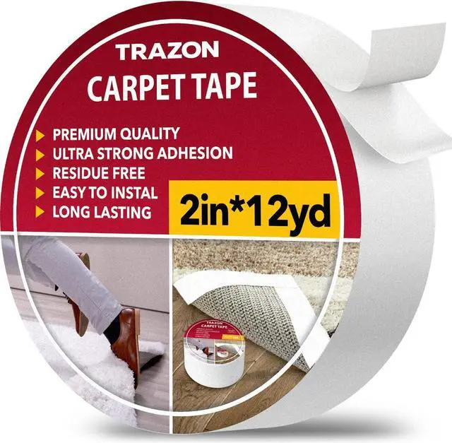 Main image of Carpet Tape Double Sided - Rug Tape Grippers for Hardwood Floors and Area Rugs - Carpet Binding Tape Strong Adhesive and Removable Heavy Duty Stickers Grip Tape Residue Free (2 Inch / 12 Yards)