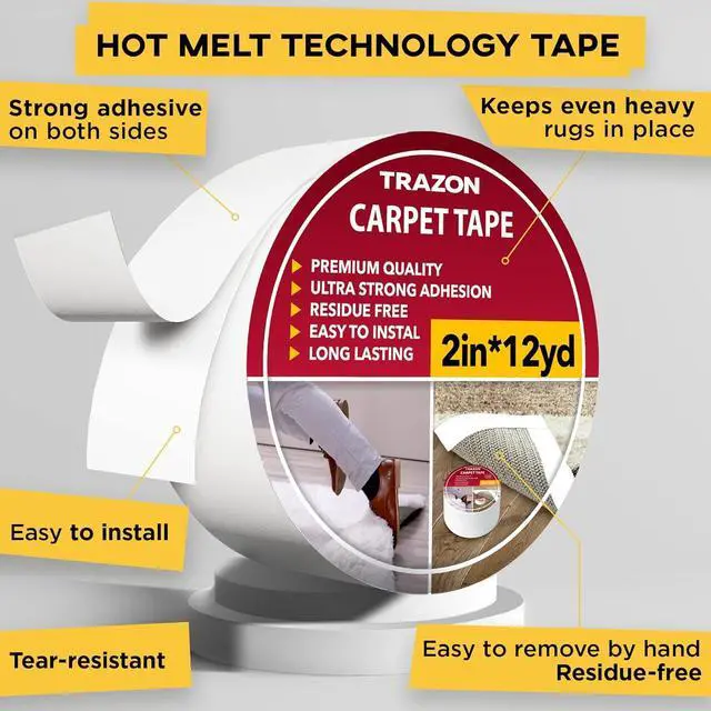 Alt view image 2 of 7 - Carpet Tape Double Sided - Rug Tape Grippers for Hardwood Floors and Area Rugs - Carpet Binding Tape Strong Adhesive and Removable Heavy Duty Stickers Grip Tape Residue Free (2 Inch / 12 Yards)