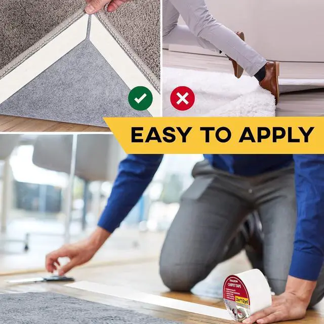 Alt view image 3 of 7 - Carpet Tape Double Sided - Rug Tape Grippers for Hardwood Floors and Area Rugs - Carpet Binding Tape Strong Adhesive and Removable Heavy Duty Stickers Grip Tape Residue Free (2 Inch / 12 Yards)