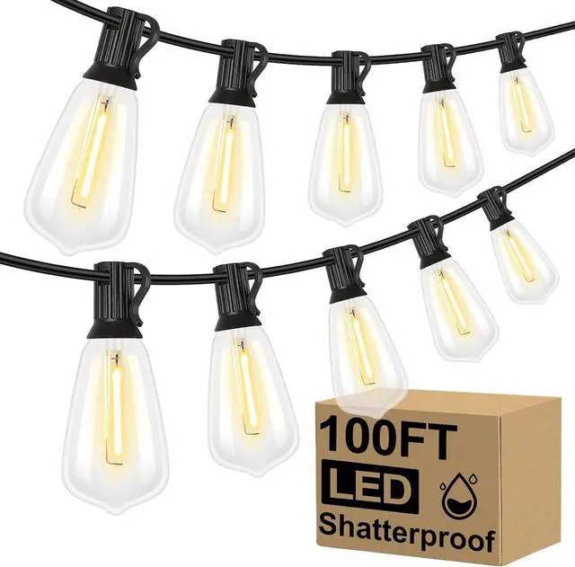 Main image of LED Outdoor String Lights 100FT Patio Lights with 52 Shatterproof ST38 Vintage Edison Bulbs Outside Hanging Light Waterproof for Porch Deck Garden Backyard Balcony Dimmable 2700K