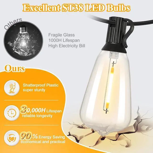 Alt view image 2 of 7 - LED Outdoor String Lights 100FT Patio Lights with 52 Shatterproof ST38 Vintage Edison Bulbs Outside Hanging Light Waterproof for Porch Deck Garden Backyard Balcony Dimmable 2700K