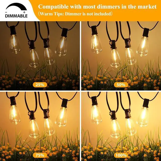 Alt view image 4 of 7 - LED Outdoor String Lights 100FT Patio Lights with 52 Shatterproof ST38 Vintage Edison Bulbs Outside Hanging Light Waterproof for Porch Deck Garden Backyard Balcony Dimmable 2700K