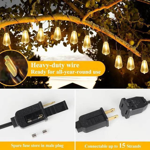 Alt view image 6 of 7 - LED Outdoor String Lights 100FT Patio Lights with 52 Shatterproof ST38 Vintage Edison Bulbs Outside Hanging Light Waterproof for Porch Deck Garden Backyard Balcony Dimmable 2700K