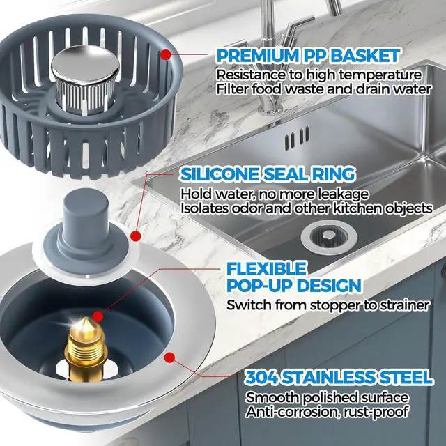Alt view image 6 of 7 - Upgraded 3in1 Kitchen Sink Drain Strainer & Sink Stopper Stainless Steel Kitchen Drain Plug & Sink Installation Parts with Anti-Clogging Basket Fit US Standard 3-1/2 Sink Drain Hole Silver