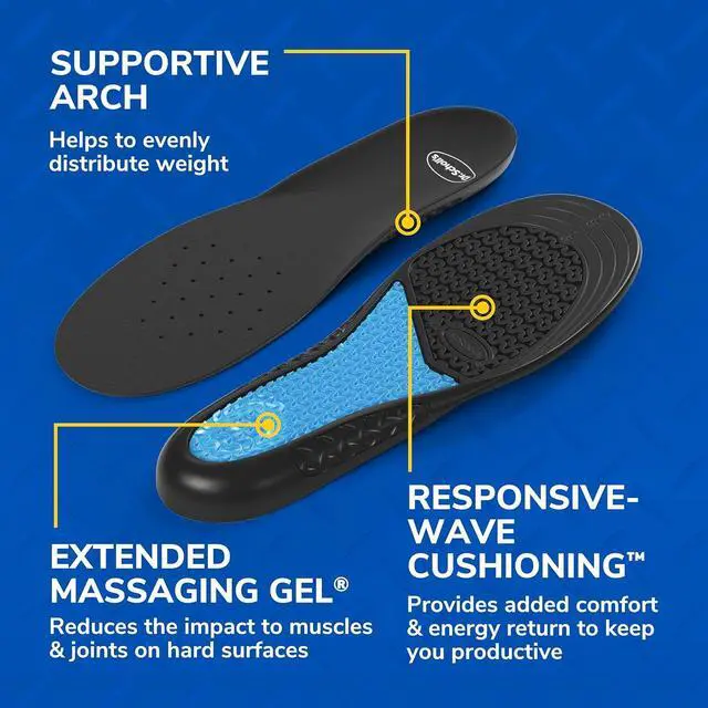 Alt view image 5 of 7 - Dr. Scholls Work All-Day Superior Comfort Insoles with Massaging Gel - Designed for Men & Women with Hard-Working Feet Eliminates Sore Muscles and Tired Legs Arch Support Inserts with Odor Control