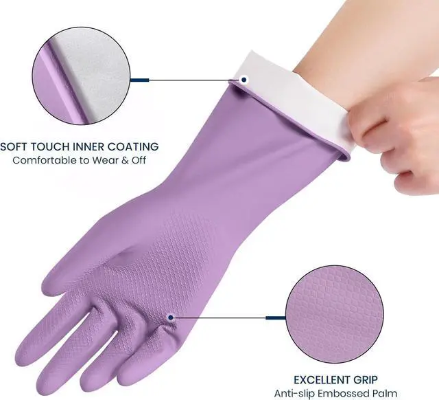 Alt view image 2 of 7 - Rubber Cleaning Gloves for Dishwashing 4 Pairs Reusable Kitchen Gloves for Washing Dishes and Household Cleaning Colorful Dish Gloves with Flocked Lining and Non-Slip Grip Pefect for Woman Men - M