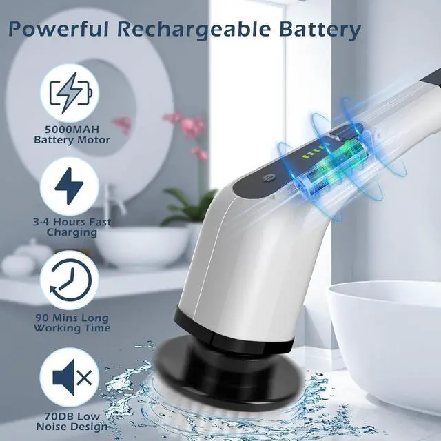 Alt view image 3 of 7 - Electric Spin Scrubber Cordless Cleaning Brush Scrubber for Home 400RPM/Mins-8 Replaceable Brush Heads-90Mins Work Time 3 Adjustable Size 2 Speeds for Bathroom Shower Bathtub Glass Car