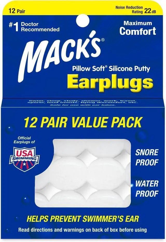 Main image of Macks Pillow Soft Silicone Earplugs 12 Pair C The Original Moldable Silicone Putty Ear Plugs for Sleeping Snoring Swimming Travel Concerts and Studying | Made in USA