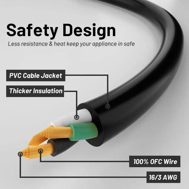 Alt view image 3 of 7 - 16/3 Black Indoor Outdoor Extension Cord 10 Ft Waterproof Heavy Duty Extension Cord with 3 Prong Grounded Plug 13A 1625W 16AWG SJTW Flexible Weatherproof Power Cable for Offices Gardens and Lawns