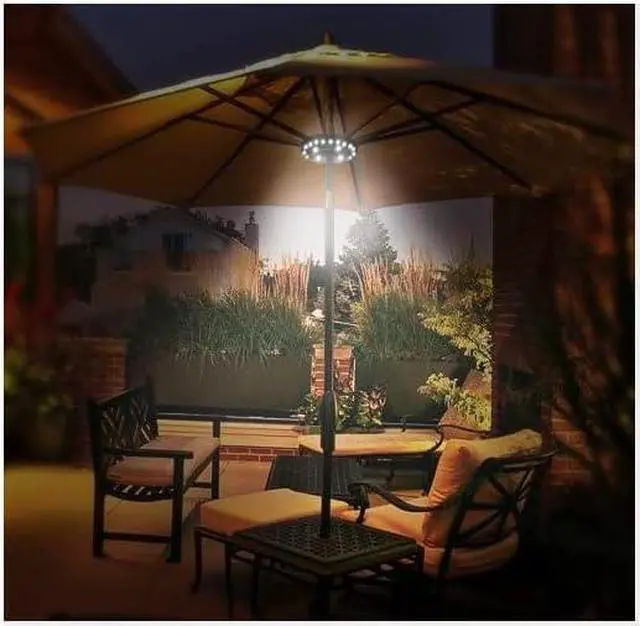 Alt view image 2 of 6 - Patio Umbrella Light 3 Brightness Modes Cordless 28 LED Lights-4 x AA Battery Operated Umbrella Pole Light for Patio Umbrellas Camping Tents or Indoor Use