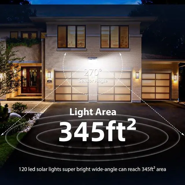 Alt view image 6 of 6 - Solar Lights Outdoor 120 LED with Lights Reflector and 3 Lighting Modes Motion Sensor Wall Lights IP65 Waterproof Solar Powered for Garden Patio Yard (2Pack)