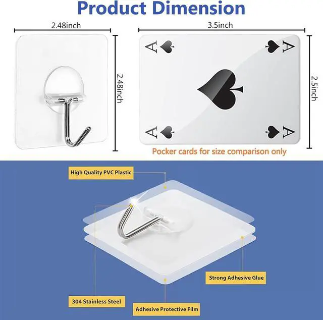 Alt view image 2 of 7 - Adhesive Hooks for Hanging Heavy Duty Wall Hooks Self Adhesive Towel Coat Hooks Waterproof Transparent Hook for Bathroom Shower Kitchen Keys Door Outdoor Home Improvement Utility Hook 12 Pack