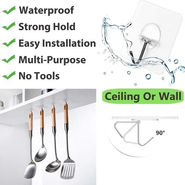 Alt view image 3 of 7 - Adhesive Hooks for Hanging Heavy Duty Wall Hooks Self Adhesive Towel Coat Hooks Waterproof Transparent Hook for Bathroom Shower Kitchen Keys Door Outdoor Home Improvement Utility Hook 12 Pack