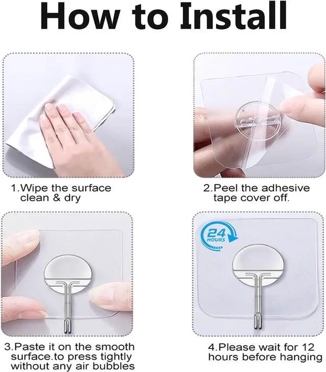 Alt view image 7 of 7 - Adhesive Hooks for Hanging Heavy Duty Wall Hooks Self Adhesive Towel Coat Hooks Waterproof Transparent Hook for Bathroom Shower Kitchen Keys Door Outdoor Home Improvement Utility Hook 12 Pack