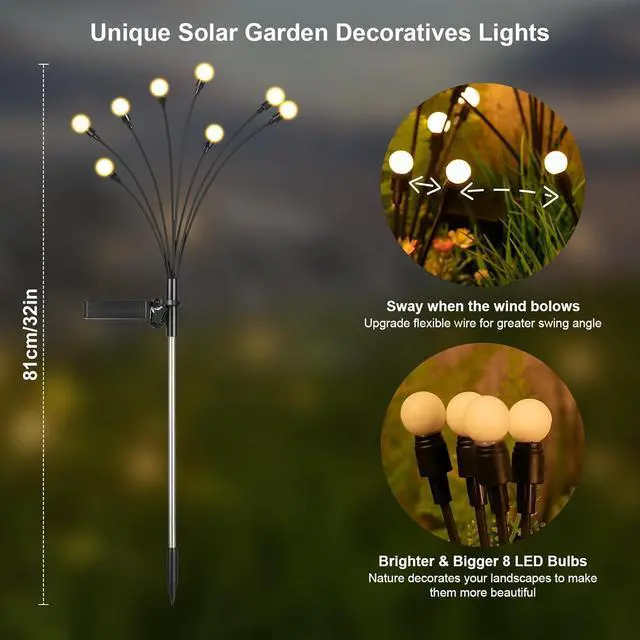 Alt view image 3 of 6 - Solar Lights Outdoor(4-Pack 32 LEDs) Solar Garden Lights Outdoor Decorations Firefly Light for Patio Decor Big Bulb Unique Gifts for Women Gifts for Grandma