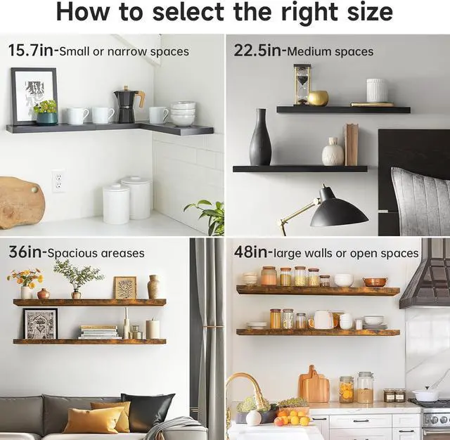 Alt view image 7 of 7 - Floating Shelves for Wall Wall Mounted Rustic Wood Shelves for Bathroom Bedroom Living Room Kitchen Hanging Shelf for Books/Storage/Room Decor with 22lbs Capacity (Black Set of 3 15.7in)