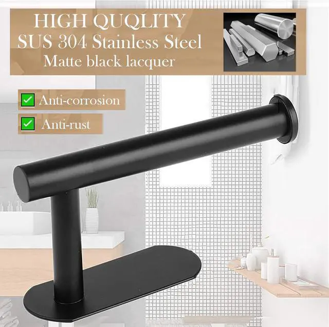 Alt view image 2 of 7 - Toilet Paper Holder - Self Adhesive Toilet Paper Holder Wall Mount for Bathroom SUS 304 Stainless Steel Command Strip Toilet Paper Roll Holder Stick On Wall No Drilling - Matte Black