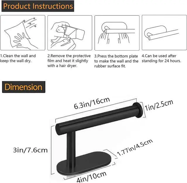 Alt view image 7 of 7 - Toilet Paper Holder - Self Adhesive Toilet Paper Holder Wall Mount for Bathroom SUS 304 Stainless Steel Command Strip Toilet Paper Roll Holder Stick On Wall No Drilling - Matte Black