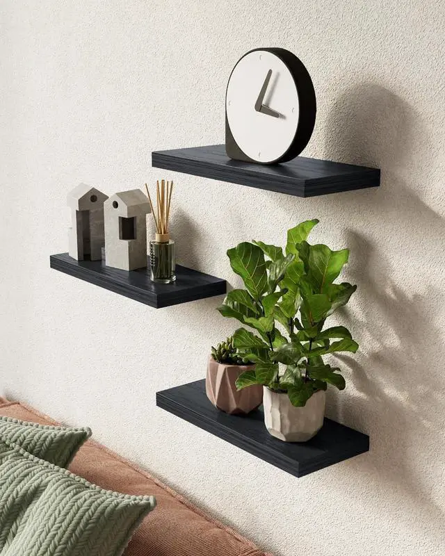 Alt view image 2 of 7 - Floating Shelves for Wall Wall Mounted Rustic Wood Shelves for Bathroom Bedroom Living Room Kitchen Hanging Shelf for Books/Storage/Room Decor with 22lbs Capacity (Black Set of 3 15.7in)