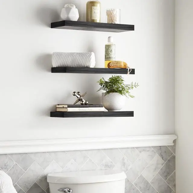 Alt view image 4 of 7 - Floating Shelves for Wall Wall Mounted Rustic Wood Shelves for Bathroom Bedroom Living Room Kitchen Hanging Shelf for Books/Storage/Room Decor with 22lbs Capacity (Black Set of 3 15.7in)