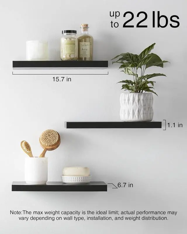 Alt view image 5 of 7 - Floating Shelves for Wall Wall Mounted Rustic Wood Shelves for Bathroom Bedroom Living Room Kitchen Hanging Shelf for Books/Storage/Room Decor with 22lbs Capacity (Black Set of 3 15.7in)