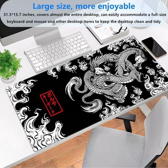 Alt view image 2 of 7 - Black and White Mouse Pad Gaming Mousepad XXL Japanese Mouse Pads Anime Dragon Full Desk Keyboard Mat Extended Computer Desk Matt with Stitched Edges Non-Slip Desktop Mat 31.5 x15.7 in