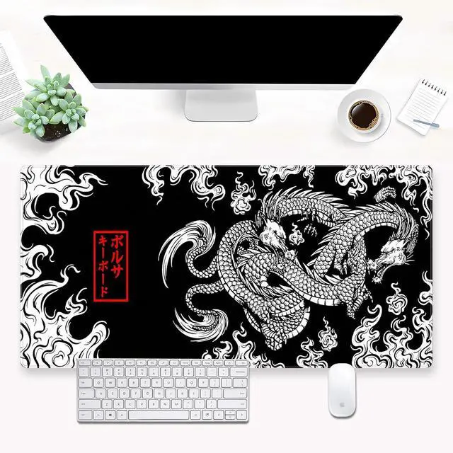 Main image of Black and White Mouse Pad Gaming Mousepad XXL Japanese Mouse Pads Anime Dragon Full Desk Keyboard Mat Extended Computer Desk Matt with Stitched Edges Non-Slip Desktop Mat 31.5 x15.7 in