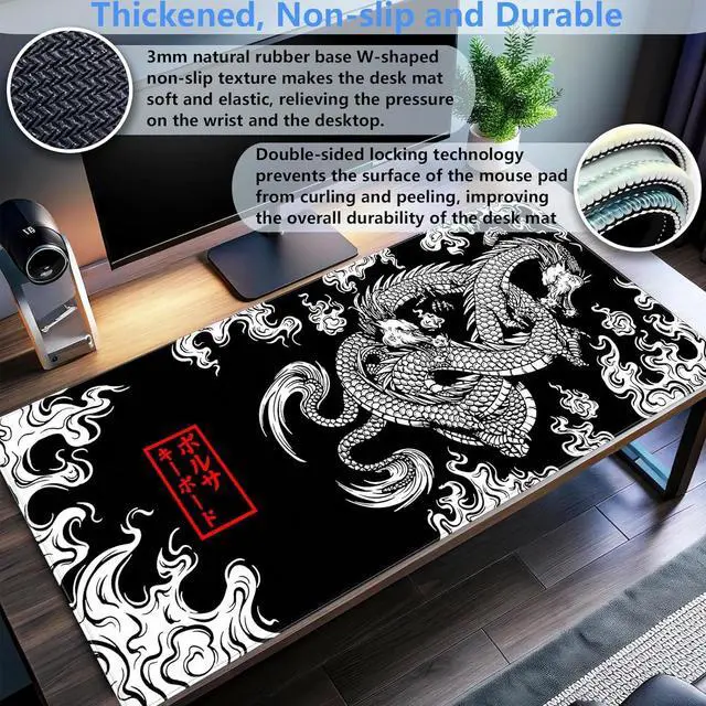 Alt view image 3 of 7 - Black and White Mouse Pad Gaming Mousepad XXL Japanese Mouse Pads Anime Dragon Full Desk Keyboard Mat Extended Computer Desk Matt with Stitched Edges Non-Slip Desktop Mat 31.5 x15.7 in