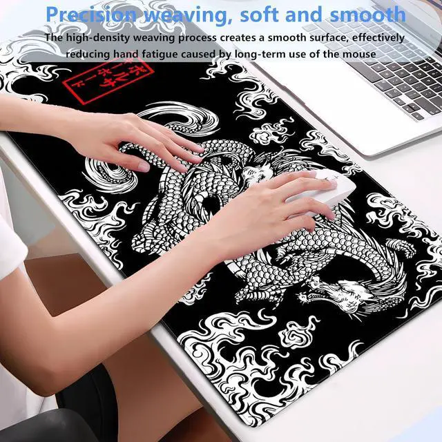 Alt view image 4 of 7 - Black and White Mouse Pad Gaming Mousepad XXL Japanese Mouse Pads Anime Dragon Full Desk Keyboard Mat Extended Computer Desk Matt with Stitched Edges Non-Slip Desktop Mat 31.5 x15.7 in