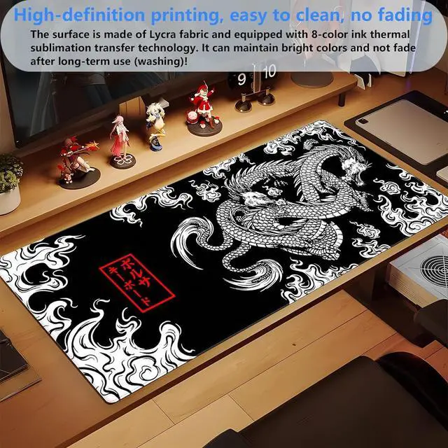 Alt view image 5 of 7 - Black and White Mouse Pad Gaming Mousepad XXL Japanese Mouse Pads Anime Dragon Full Desk Keyboard Mat Extended Computer Desk Matt with Stitched Edges Non-Slip Desktop Mat 31.5 x15.7 in