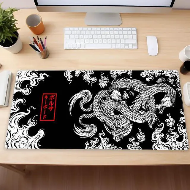 Alt view image 6 of 7 - Black and White Mouse Pad Gaming Mousepad XXL Japanese Mouse Pads Anime Dragon Full Desk Keyboard Mat Extended Computer Desk Matt with Stitched Edges Non-Slip Desktop Mat 31.5 x15.7 in