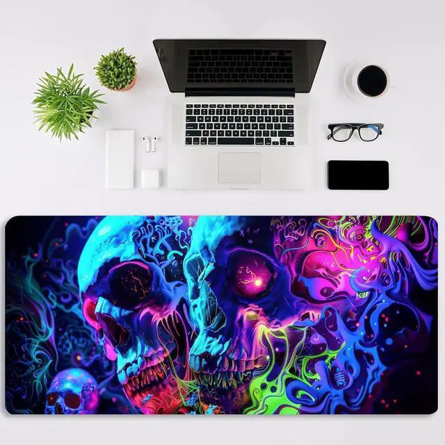 Alt view image 3 of 7 - Horror Skull Mouse Pad Large Waterproof Blacklight Colorful Skeleton Neon Gaming Non-Slip Rubber Base Mousemat Glow in The Dark Abstract Desk Mat for Office Home - 31.5 x 11.8 inches