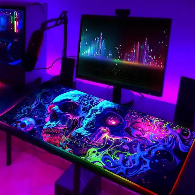 Alt view image 4 of 7 - Horror Skull Mouse Pad Large Waterproof Blacklight Colorful Skeleton Neon Gaming Non-Slip Rubber Base Mousemat Glow in The Dark Abstract Desk Mat for Office Home - 31.5 x 11.8 inches