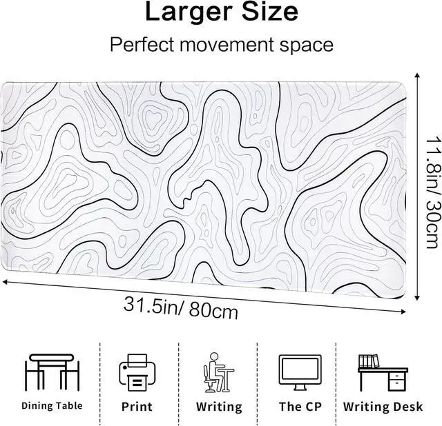 Alt view image 4 of 7 - Large Gaming Mouse Pad for Desk White Topographic Mouse Pad Desk Mat for Gaming Office Long XL Mouse Pads Keyboard Pad Desk Pad for Computer Laptop 31.5x11.8