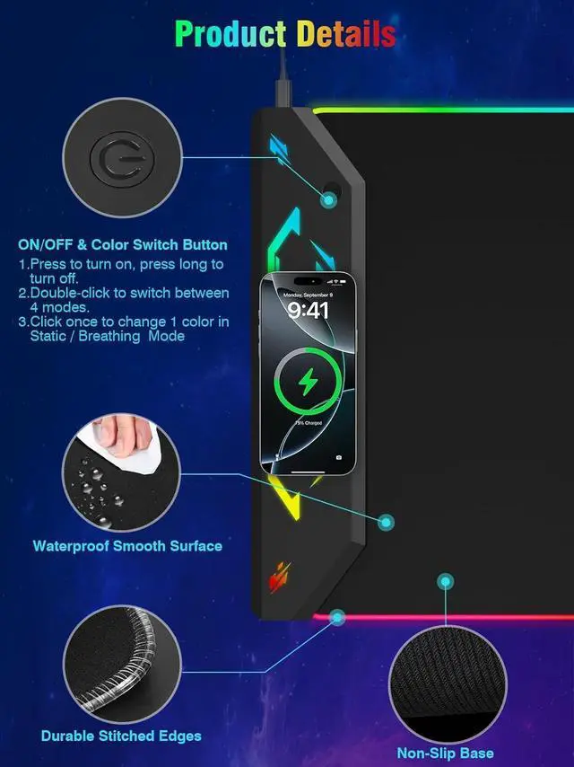 Alt view image 4 of 7 - Gaming Mouse Pad Magnetic Wireless Charging Mouse Pad Gaming 35x15.8 Large RGB Desk Mat for Laptop/Keyboard 24 Light Effects Non-Slip Base Waterproof Ultra-Smooth Surface with Adapter Black