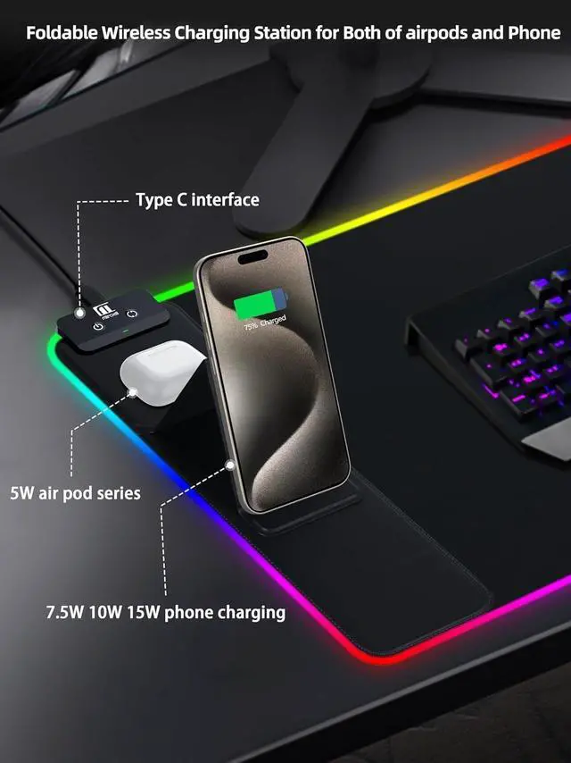 Alt view image 4 of 7 - XXL Mouse Pad with Phone Holder Black RGB Desk Mat with 15W Fast Charging LED Large Gaming Mousepad with 11 Lights Colors Long Mouse Pads for Desk Waterproof Non-Slip Desk Pad for Office & Home