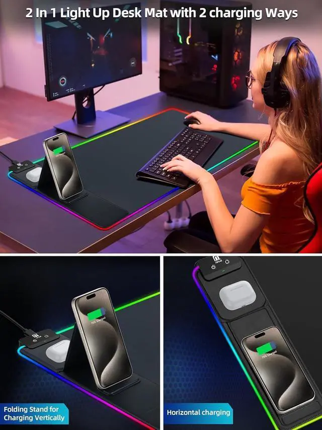 Alt view image 7 of 7 - XXL Mouse Pad with Phone Holder Black RGB Desk Mat with 15W Fast Charging LED Large Gaming Mousepad with 11 Lights Colors Long Mouse Pads for Desk Waterproof Non-Slip Desk Pad for Office & Home