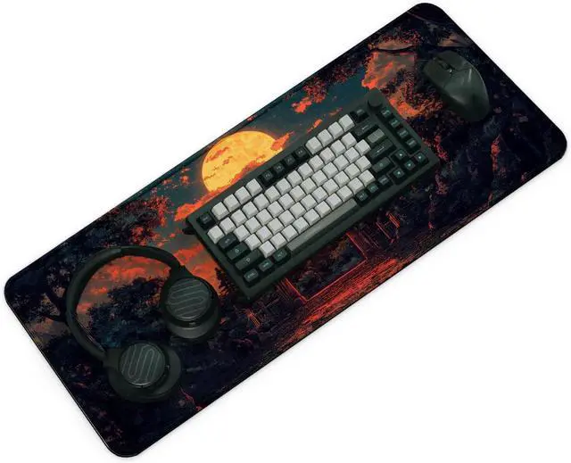 Alt view image 2 of 7 - Japanese Forest Full Moon Gaming Mouse Pad with Non-Slip Rubber Base Large Anime Mousepad with Stitched Edges Long Keyboard Mat for Home and Office 31.5 x 11.8 inches