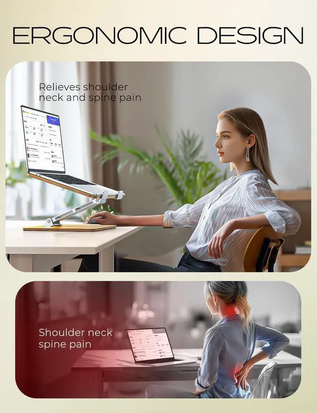Alt view image 2 of 7 - Wood + Aluminum Laptop Stand Adjustable Height Ergonomic Laptop Riser Holder Mount Portable Computer Notebook Stand for Desk Compatible with MacBook Pro/Air HP  10-16 (Walnut Grain)