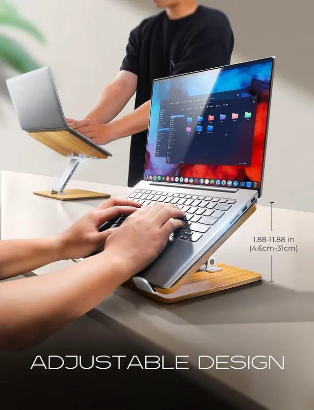 Alt view image 3 of 7 - Wood + Aluminum Laptop Stand Adjustable Height Ergonomic Laptop Riser Holder Mount Portable Computer Notebook Stand for Desk Compatible with MacBook Pro/Air HP  10-16 (Walnut Grain)