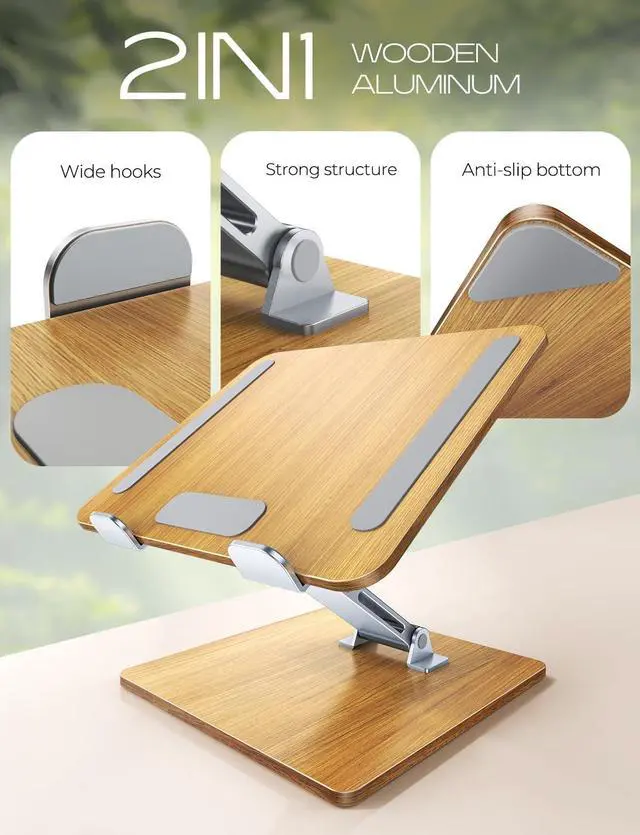 Alt view image 4 of 7 - Wood + Aluminum Laptop Stand Adjustable Height Ergonomic Laptop Riser Holder Mount Portable Computer Notebook Stand for Desk Compatible with MacBook Pro/Air HP  10-16 (Walnut Grain)