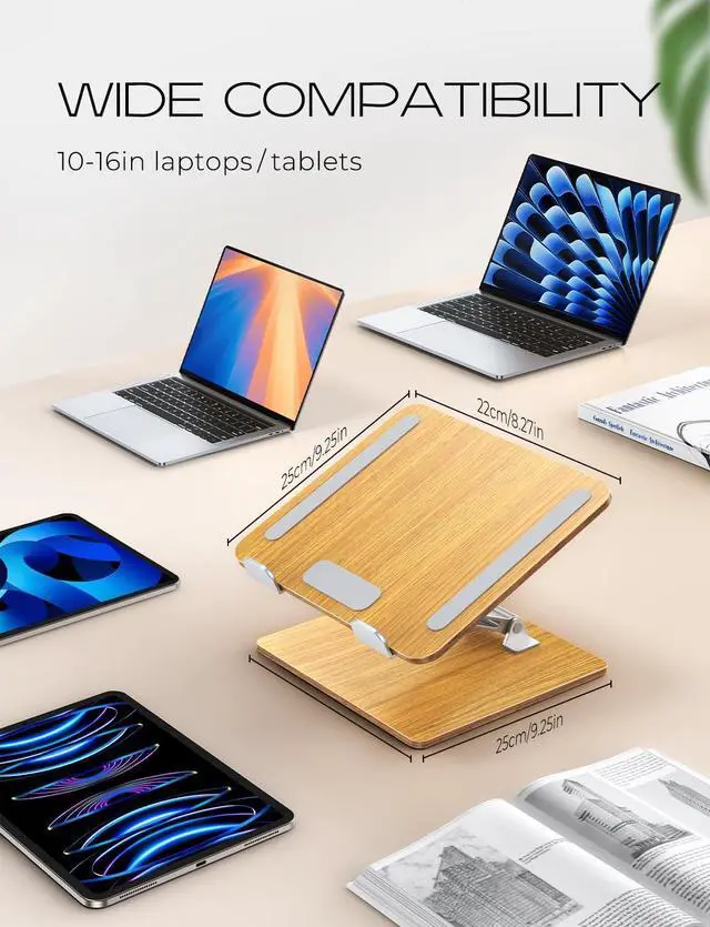 Alt view image 7 of 7 - Wood + Aluminum Laptop Stand Adjustable Height Ergonomic Laptop Riser Holder Mount Portable Computer Notebook Stand for Desk Compatible with MacBook Pro/Air HP  10-16 (Walnut Grain)