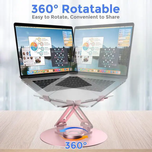 Alt view image 2 of 7 - Swivel Laptop Stand for Desk Adjustable Height Aluminum Computer Stand with 360 Rotating Base Foldable Ergonomic Riser Portable Laptop Holder Compatible with MacBook All Laptops 10-17 Pink