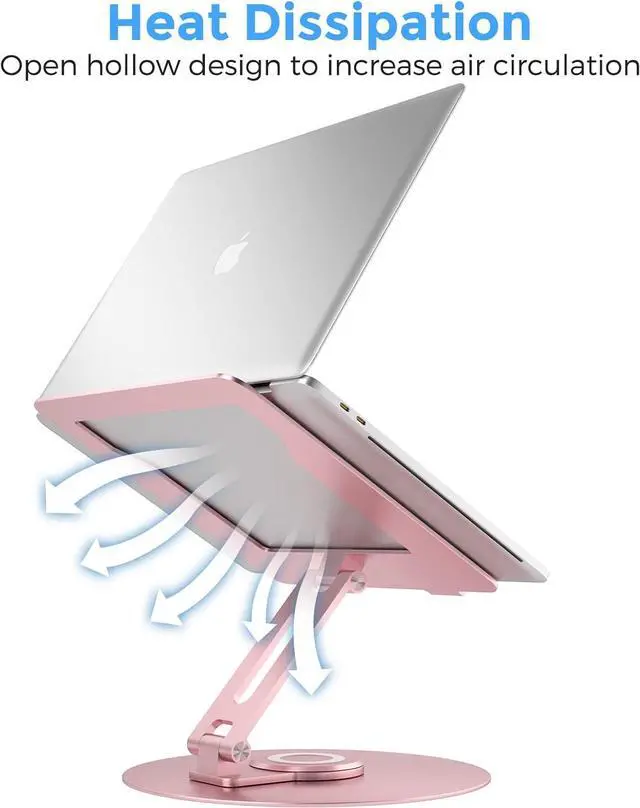 Alt view image 7 of 7 - Swivel Laptop Stand for Desk Adjustable Height Aluminum Computer Stand with 360 Rotating Base Foldable Ergonomic Riser Portable Laptop Holder Compatible with MacBook All Laptops 10-17 Pink