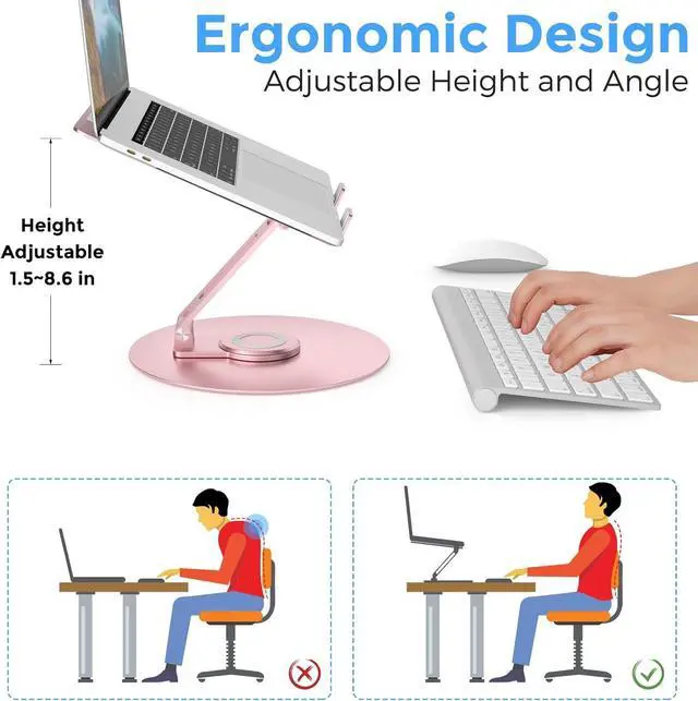 Alt view image 6 of 7 - Swivel Laptop Stand for Desk Adjustable Height Aluminum Computer Stand with 360 Rotating Base Foldable Ergonomic Riser Portable Laptop Holder Compatible with MacBook All Laptops 10-17 Pink